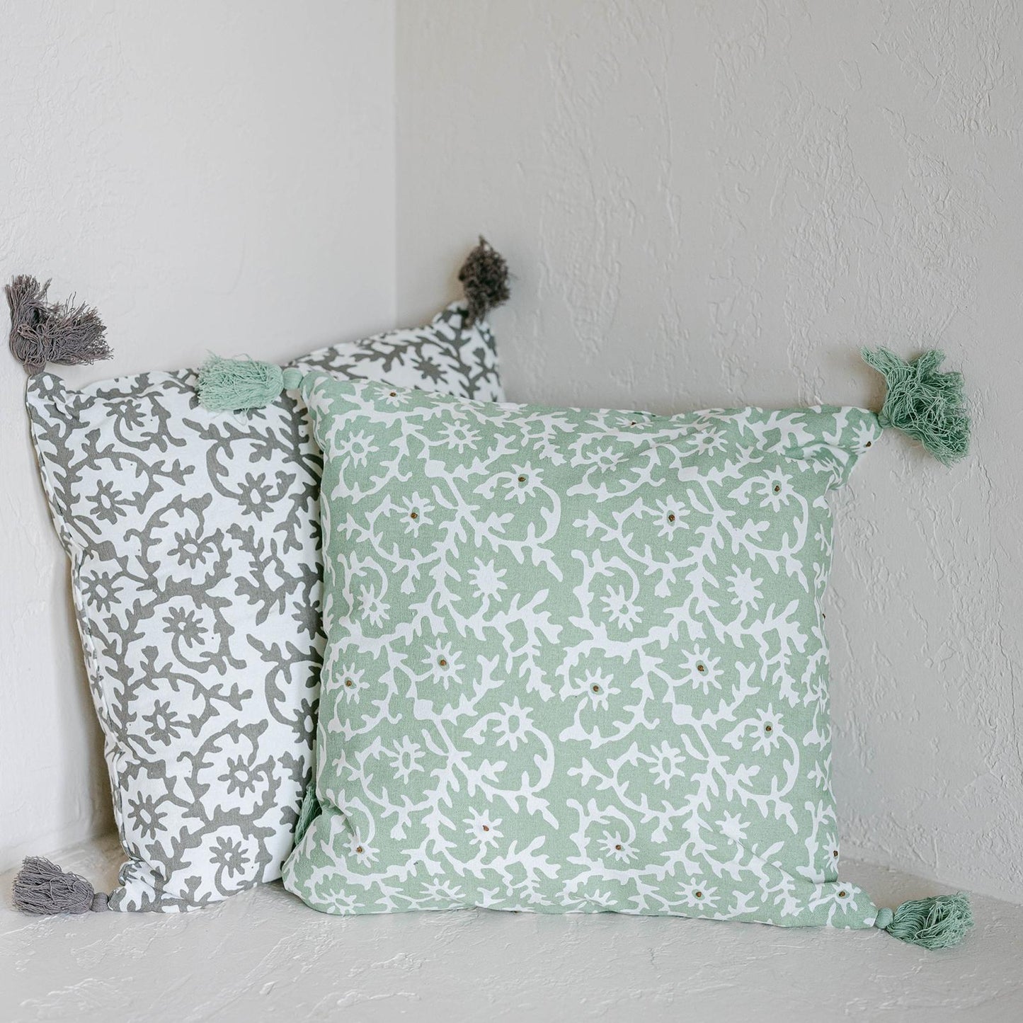 Green With White Floral Pattern And Green Tassels Cushion Cover