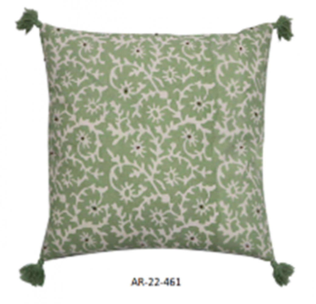 Green With White Floral Pattern And Green Tassels Cushion Cover