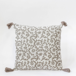 Cream With Brown Floral Pattern And Brown Tassels Cushion Cover
