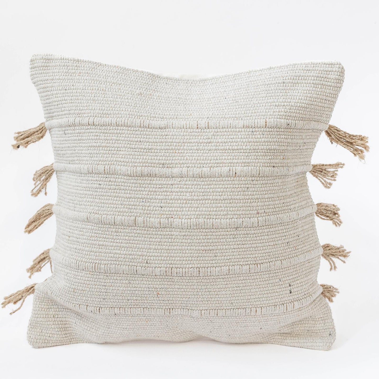 Beige With Horizontal Stripes And Jute Tassels Cushion Cover