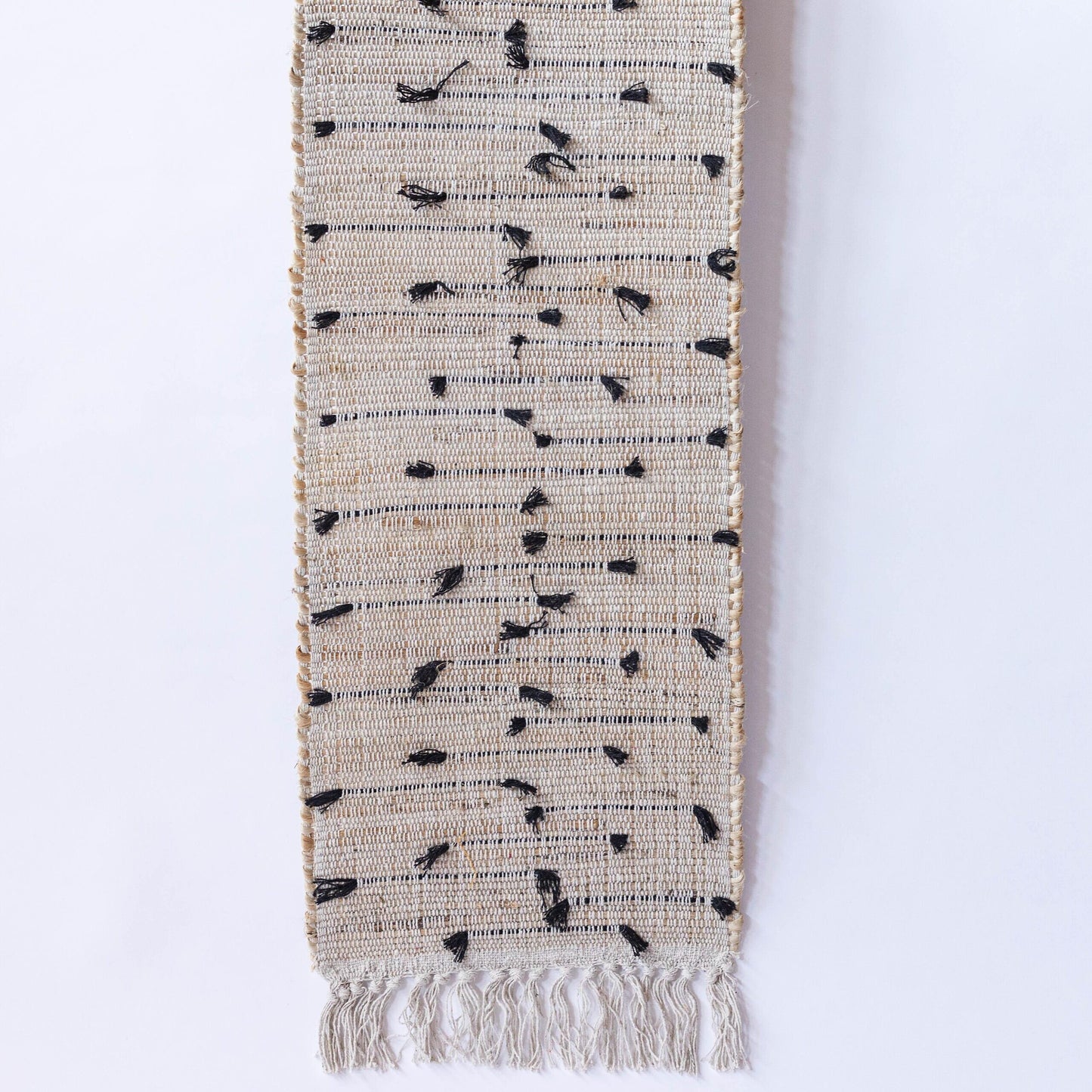 Textured With Black Threads And Tassels Table Runner