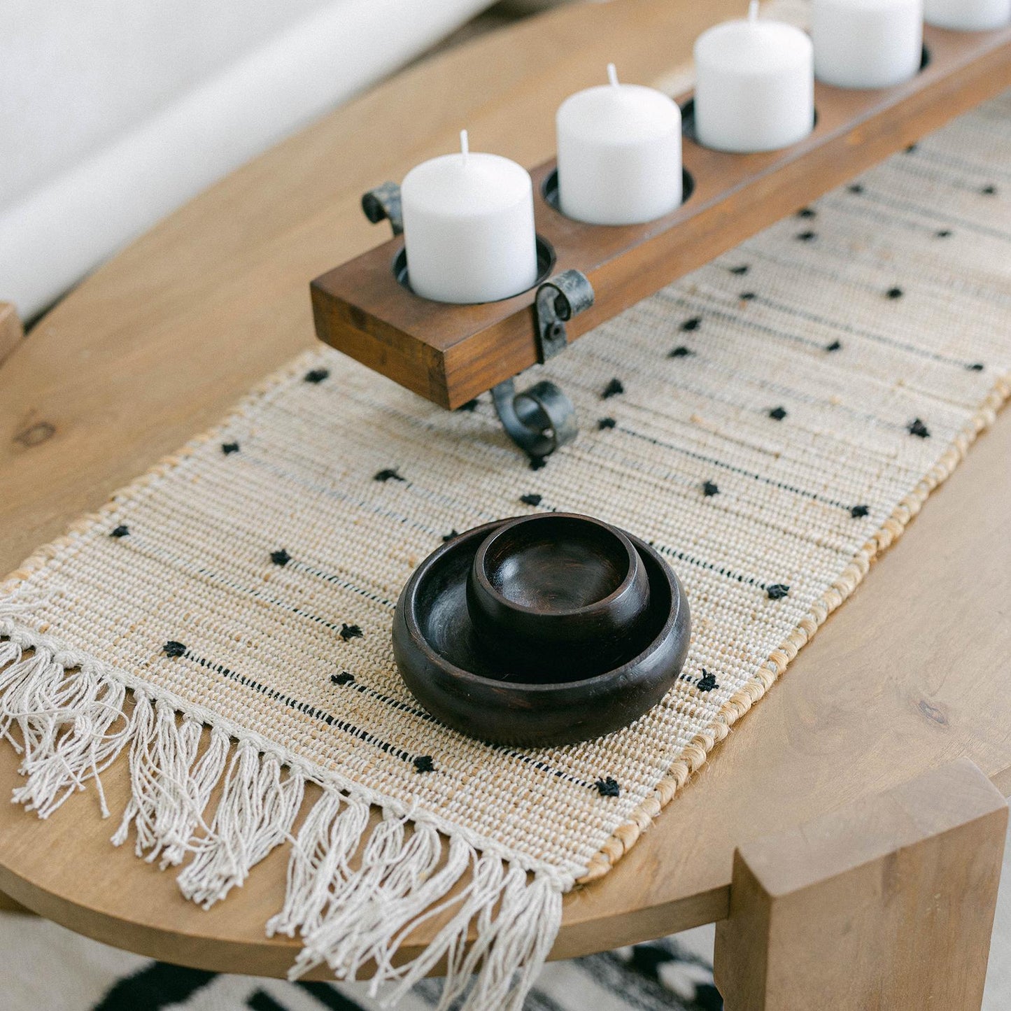 Textured With Black Threads And Tassels Table Runner
