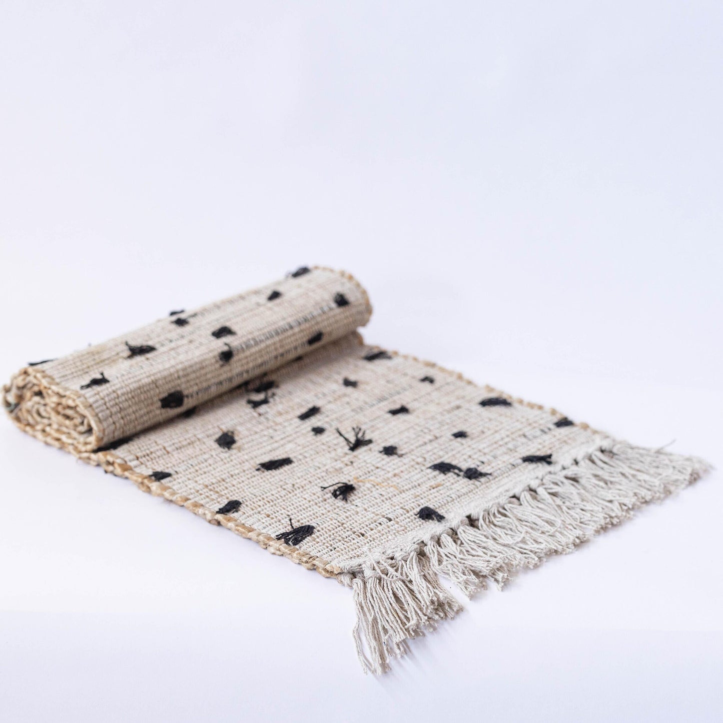 Textured With Black Threads And Tassels Table Runner