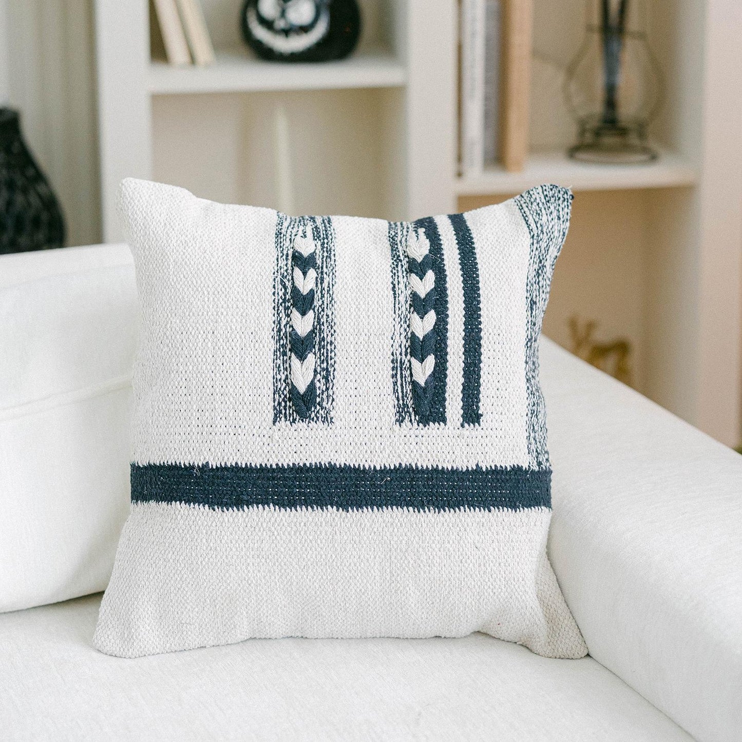 Beige With Black Stripe And Braid Pattern Cushion Cover