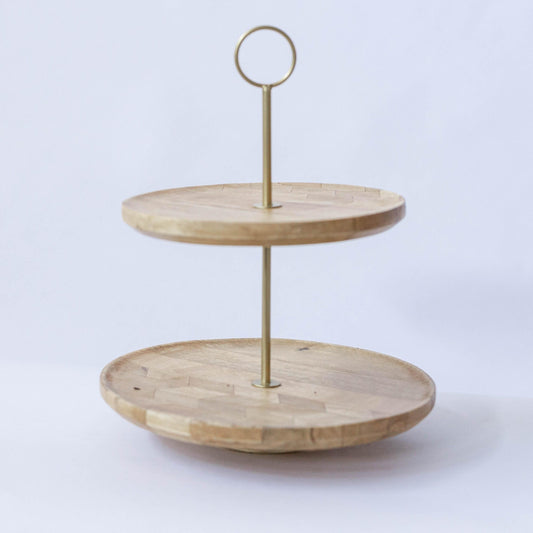 Two-Tier With Metal Handle Round Wooden Tray