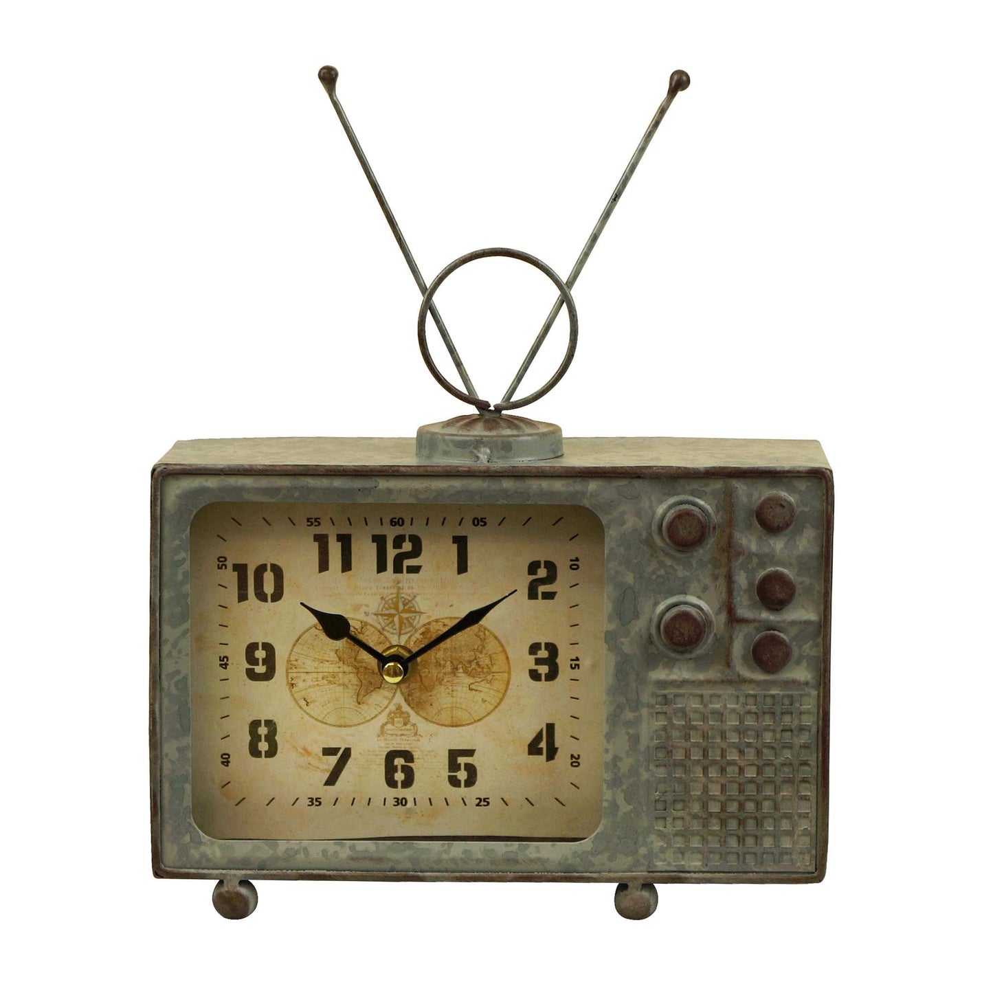 Television With Antenna And Map On Face Table Clock