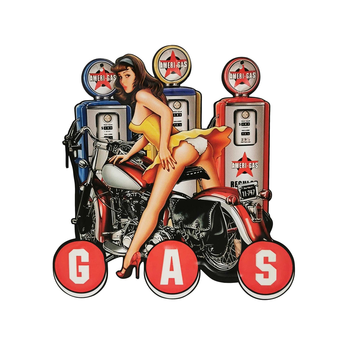 Vintage Era Gas Pumps With Pin Up Girl On A Motorbike Sign