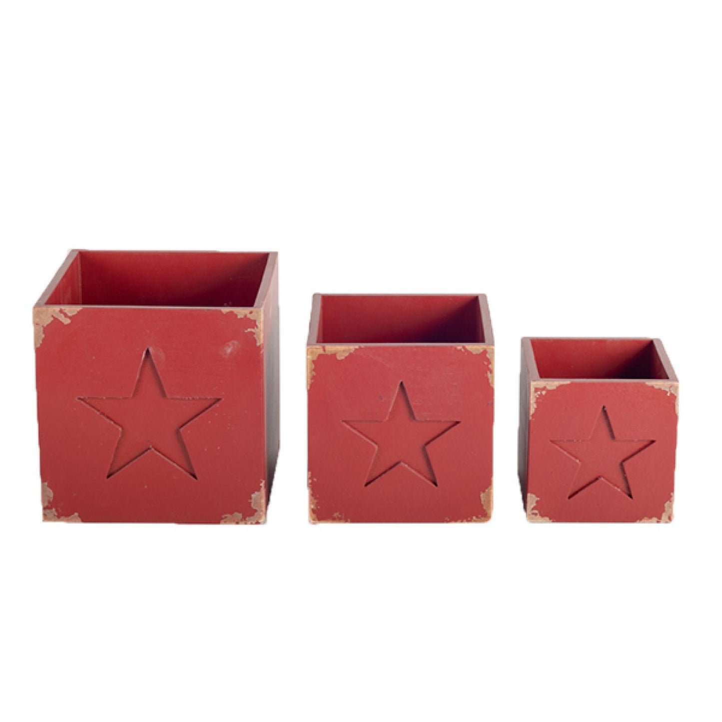 Set Of 3 Red With Stars Square Wooden Boxes