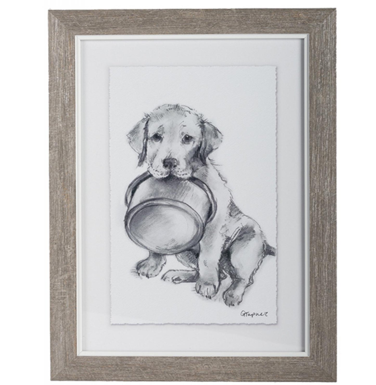 Framed Puppy Holding A Water Bowl Print Wall Decor