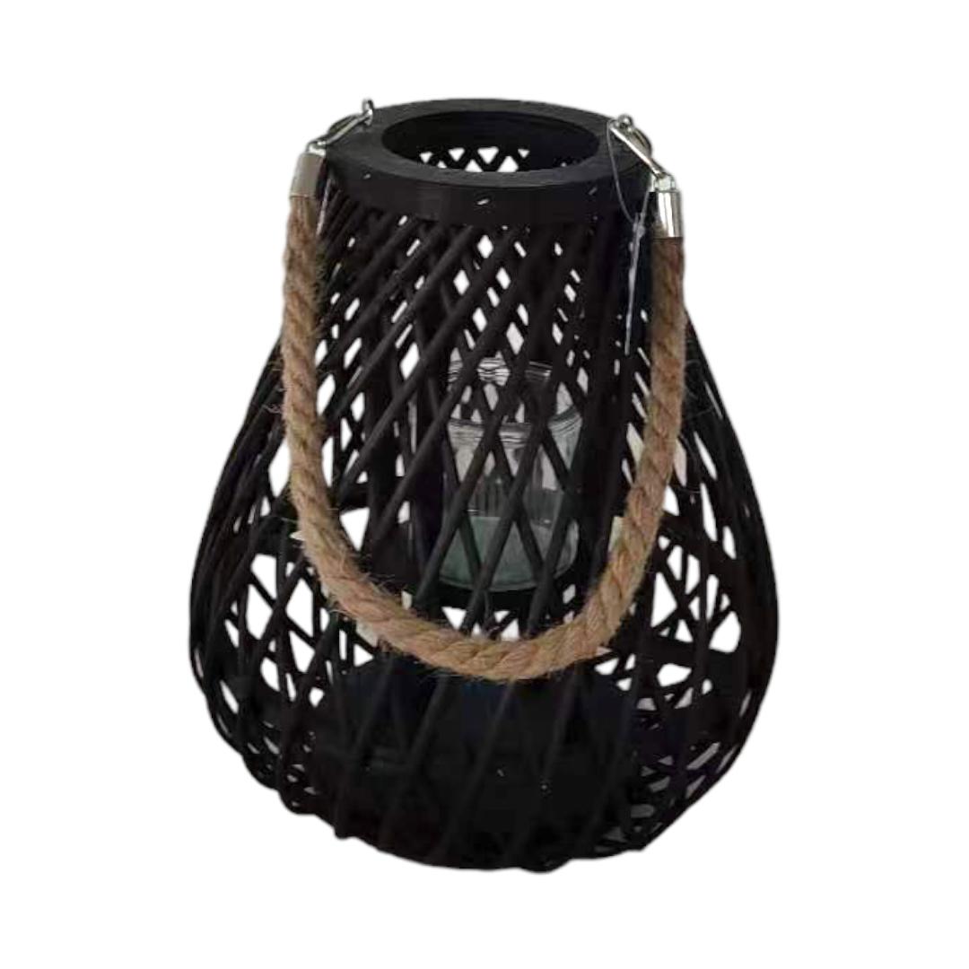 Pear Shaped Black Woven Frame With Jute Rope Handle And Glass Candle Holder Lantern