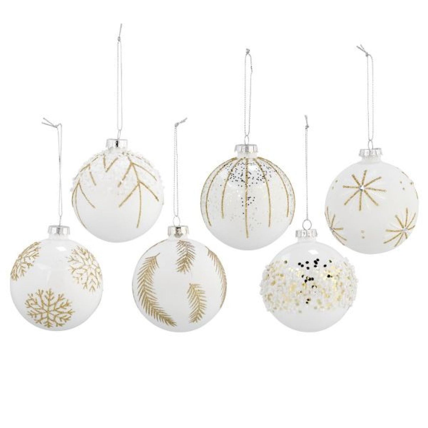 Set Of 6 Assorted White With Different Gold Patterns Ornament