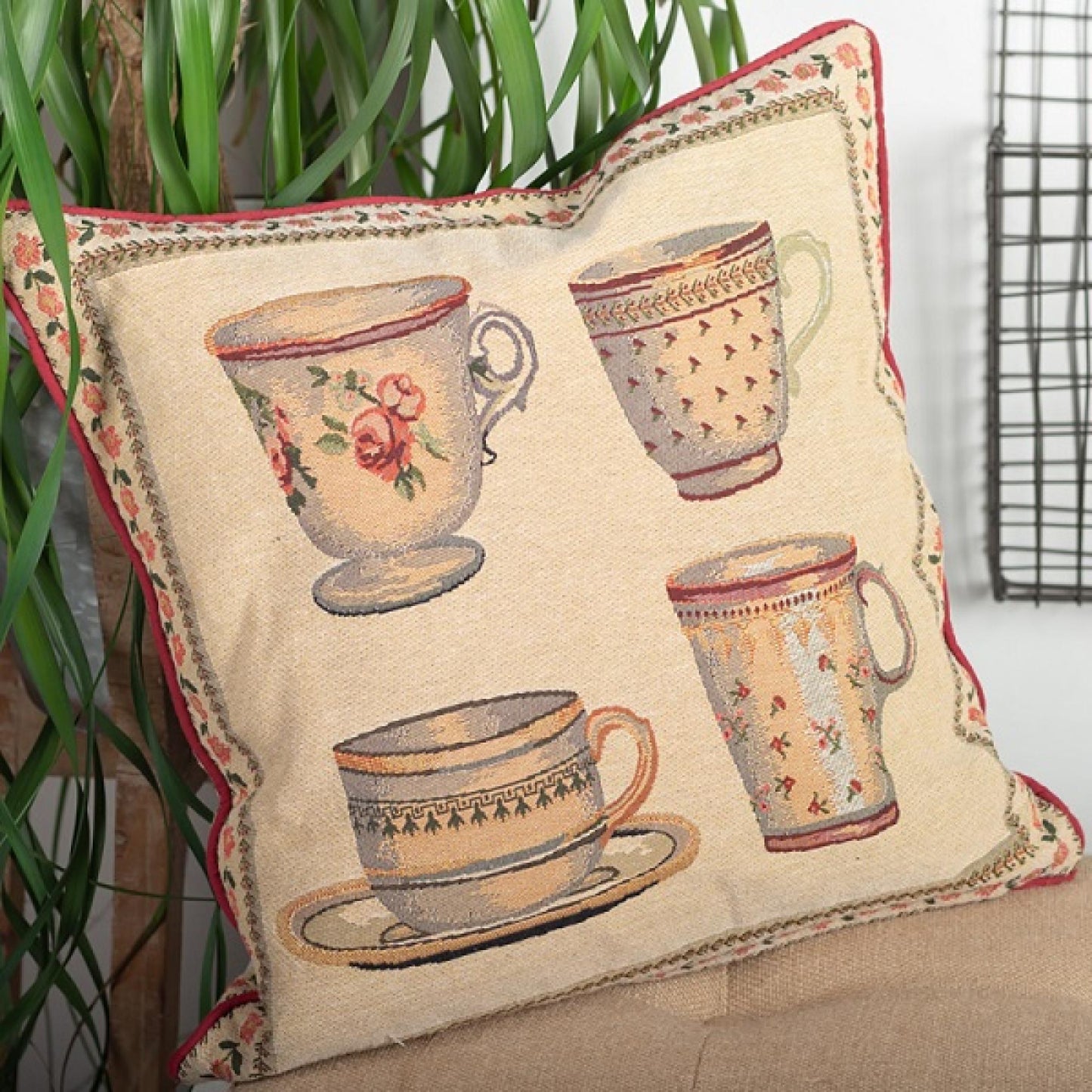 Tapestry Tea Cups Cushion Cover