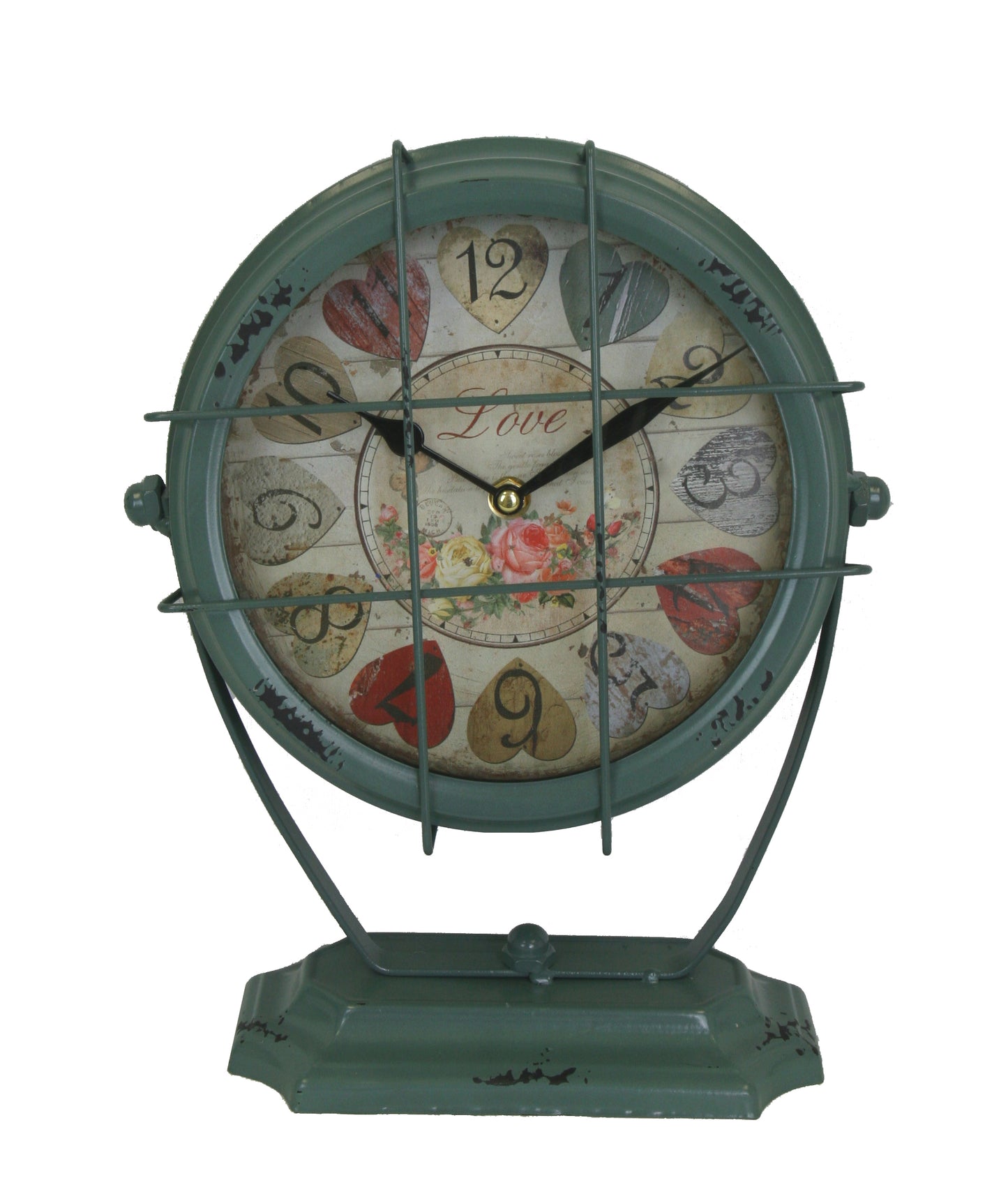 Head Light In A Cage With Hearts And Numbers Faceplate Table Clock