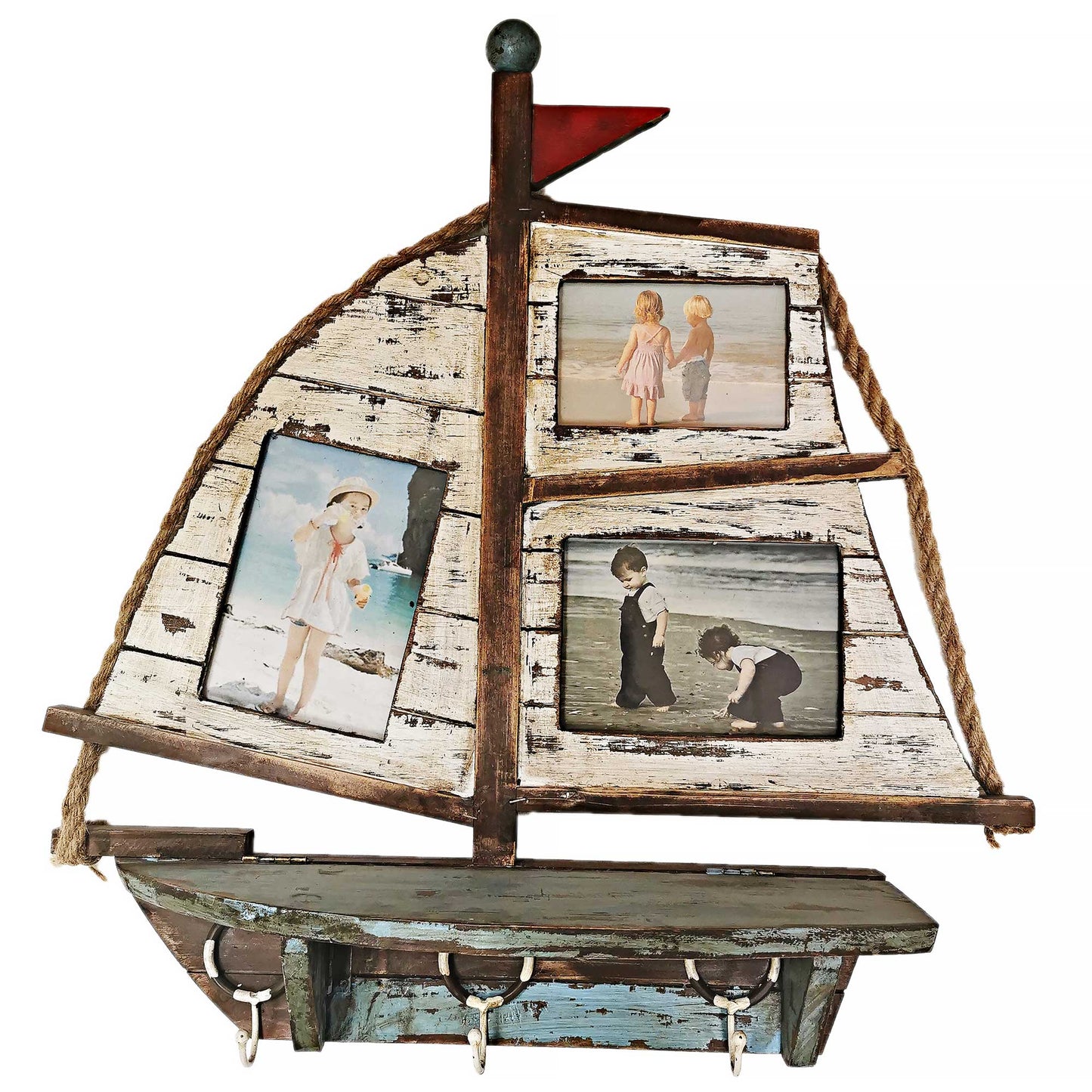 Rustic Boat With Photo Frame Sail Ledge And Triple Wall Hook