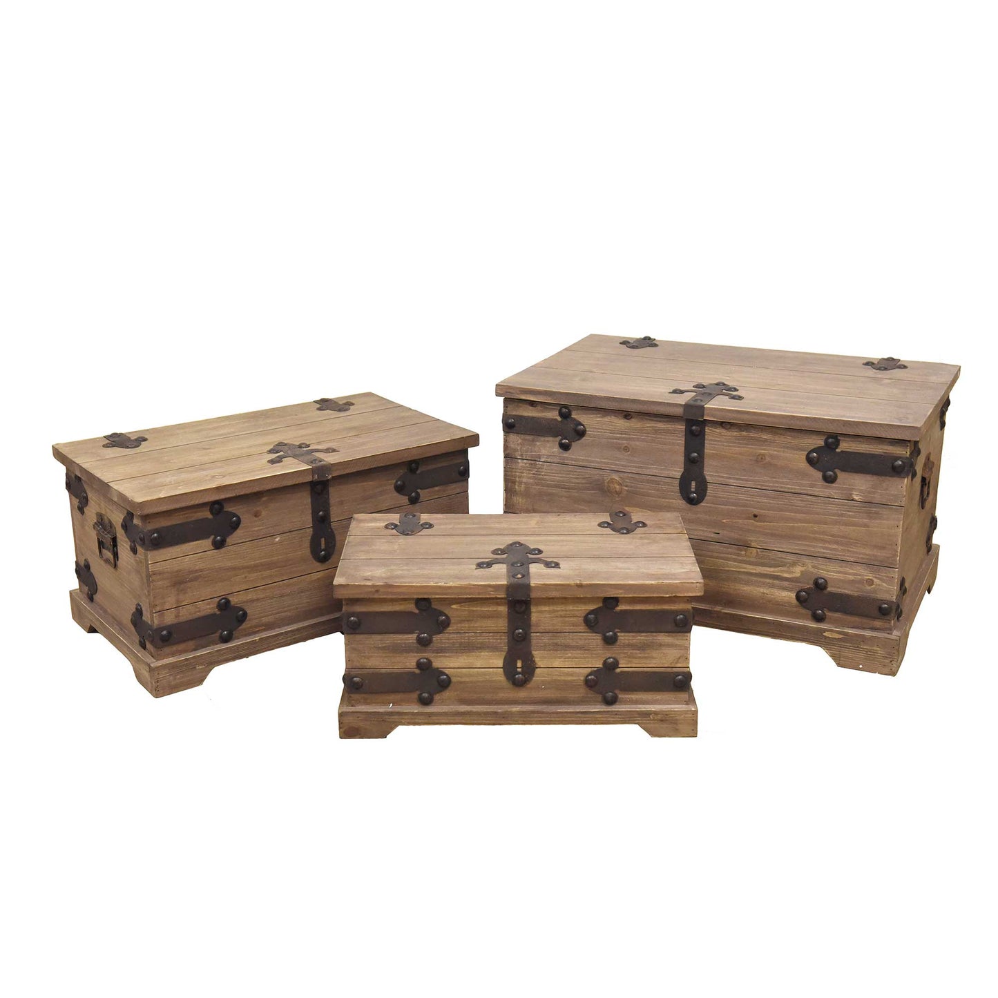 Set Of 3 Vintage Plank Look With Metal Accents Decorative Trunks
