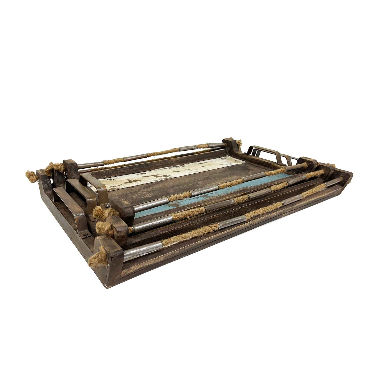 Set Of 3 Coastal Look With Rope And Metal Accents Trays