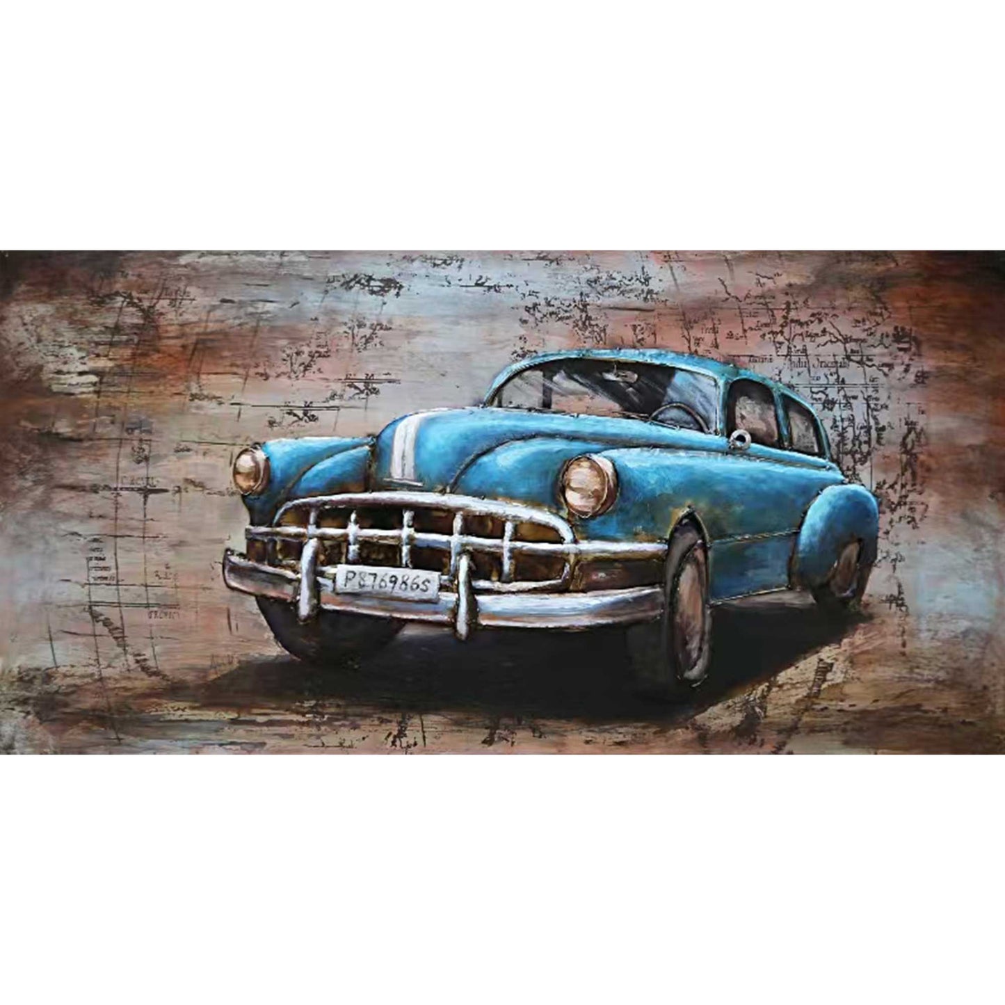 Hand Painted Vintage Blue Car 3D Wall Decor