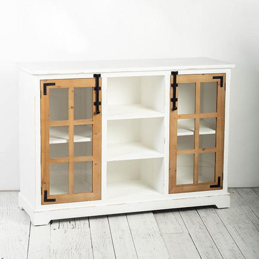 White With Brown Window Panes Doors And Shelves Cabinet
