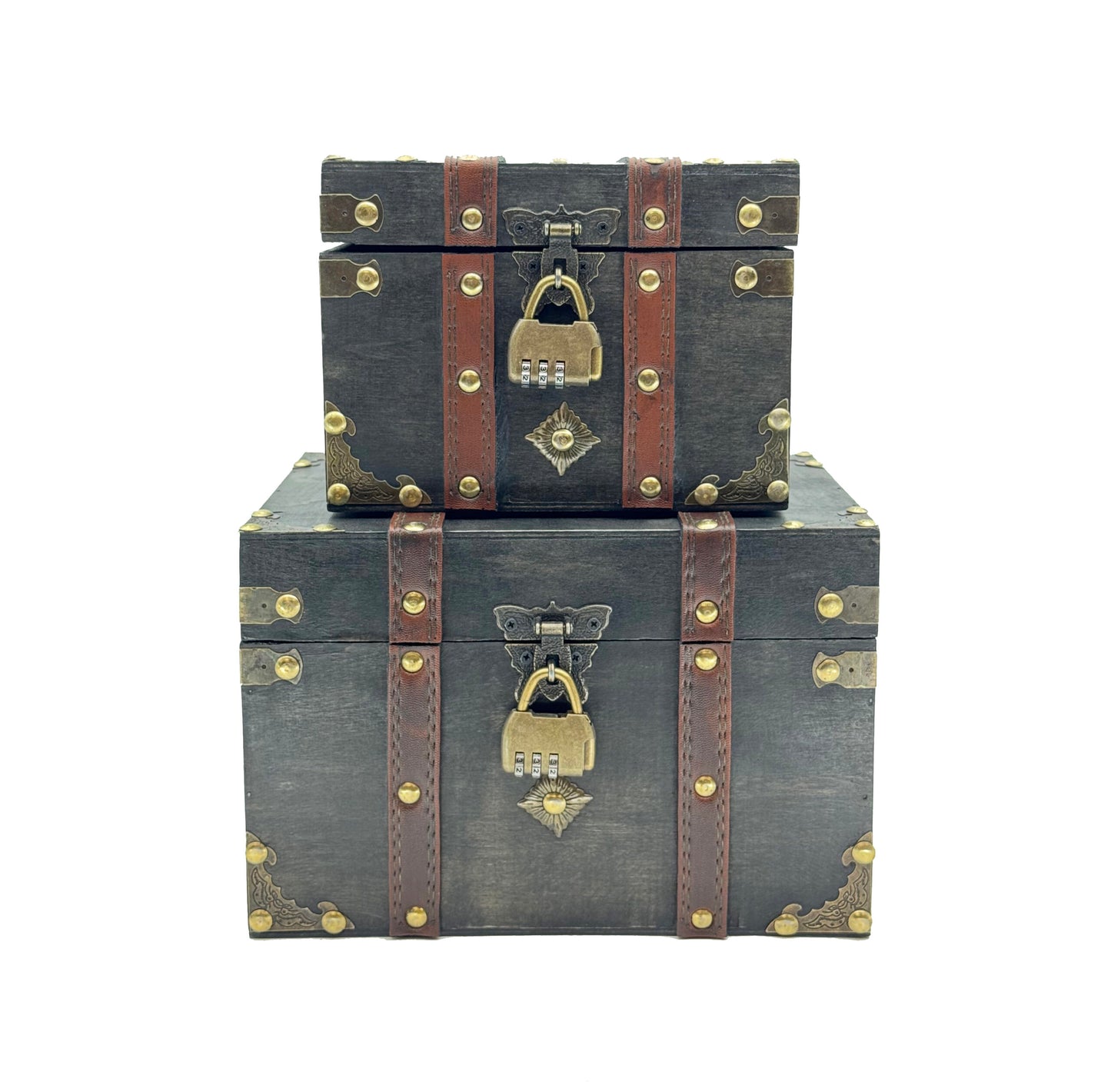 Set Of 2 Grey Wooden Treasure Box Set With Lock Trunks