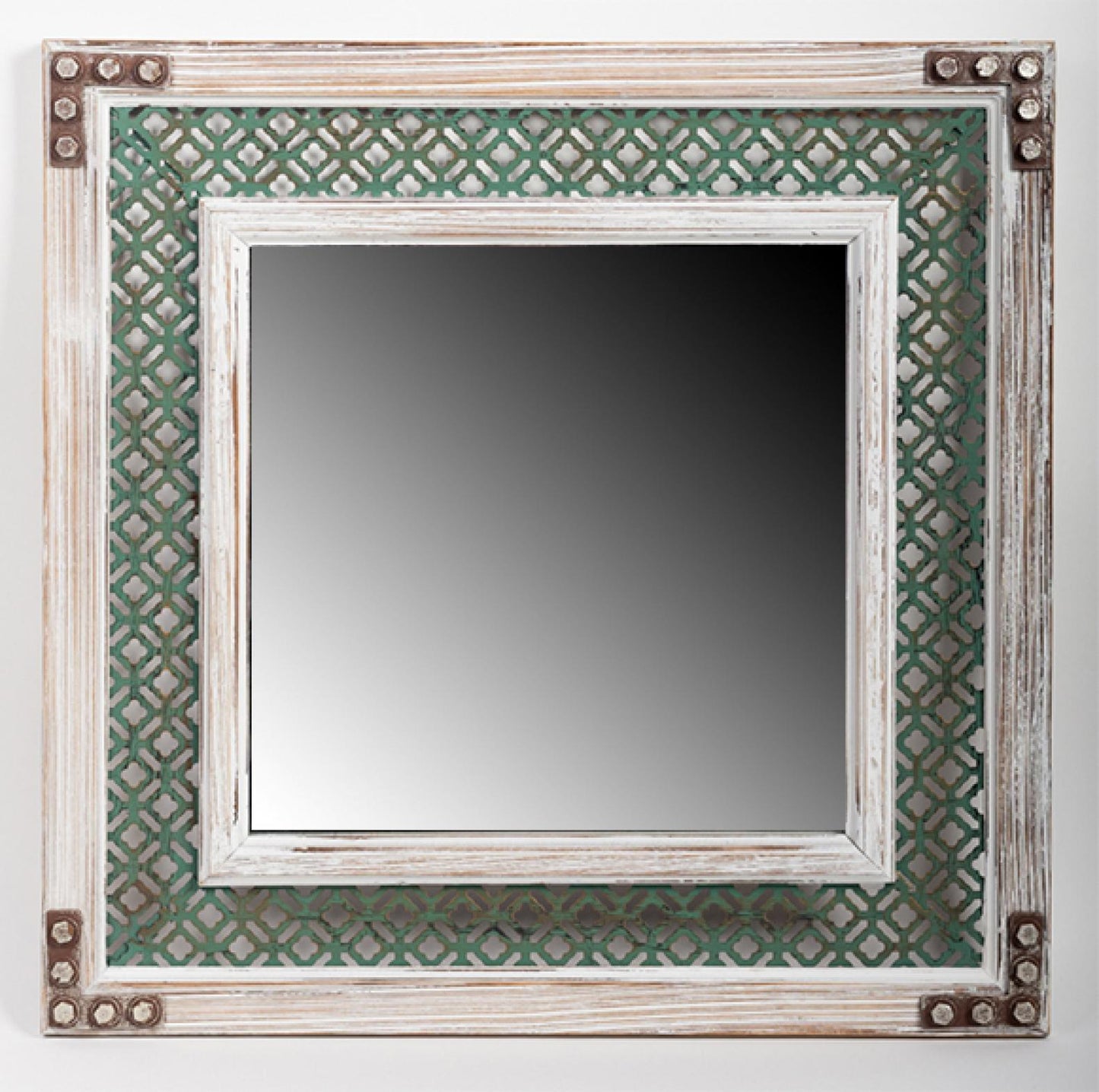 Washed White Frame With Green Metal Surround Square Wall Mirror