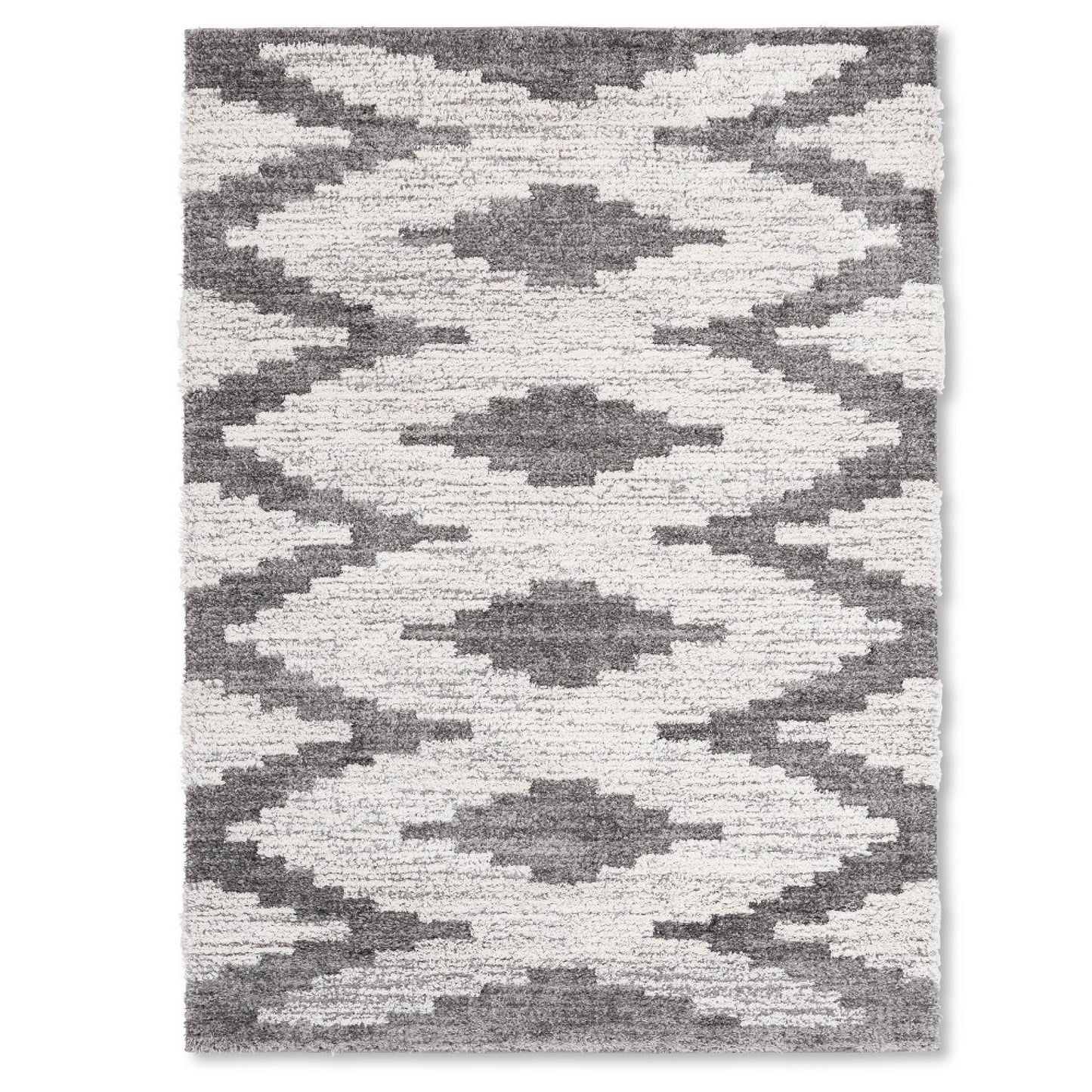 Bisera Gray And White Geometric Pattern Shag Rug