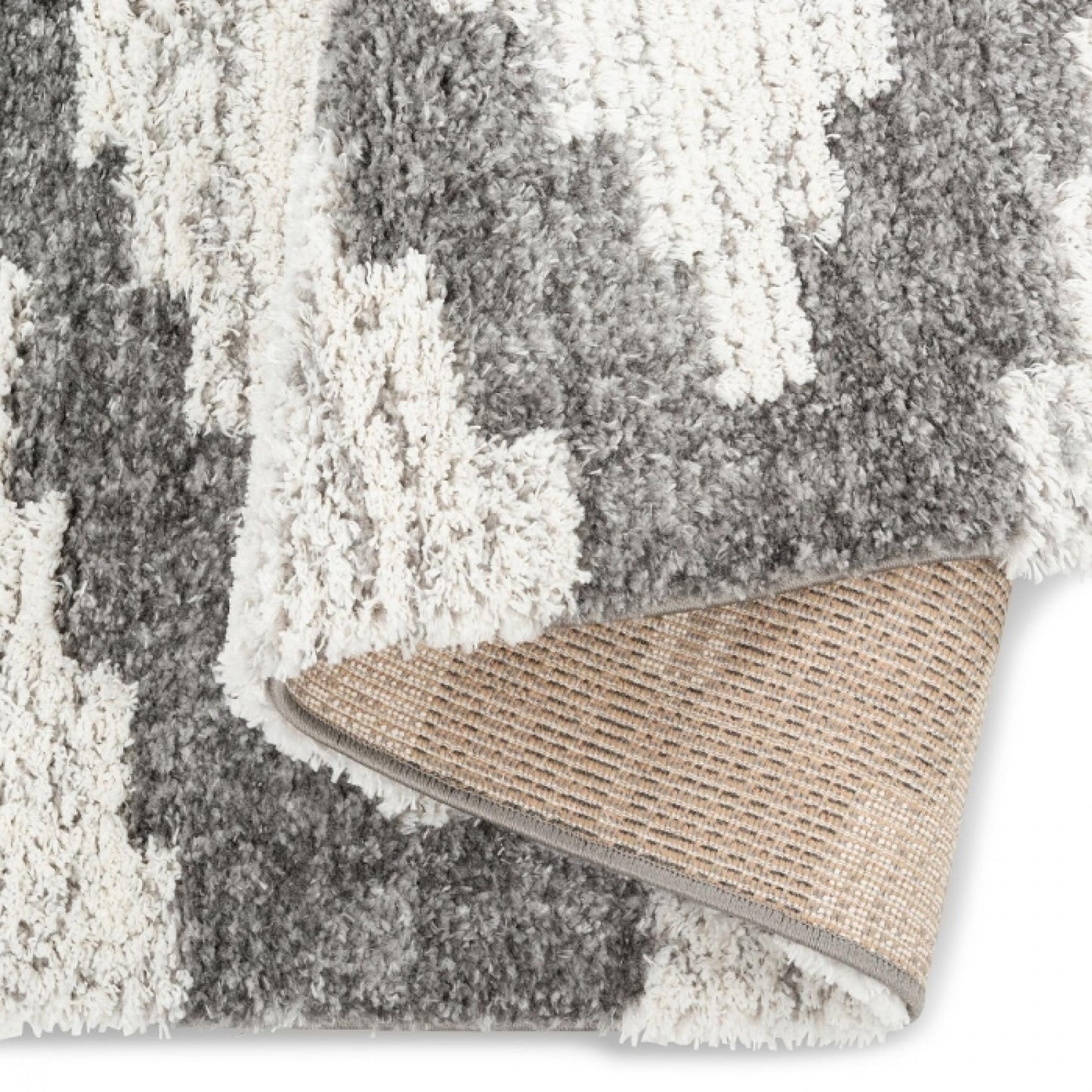 Bisera Gray And White Geometric Pattern Shag Rug