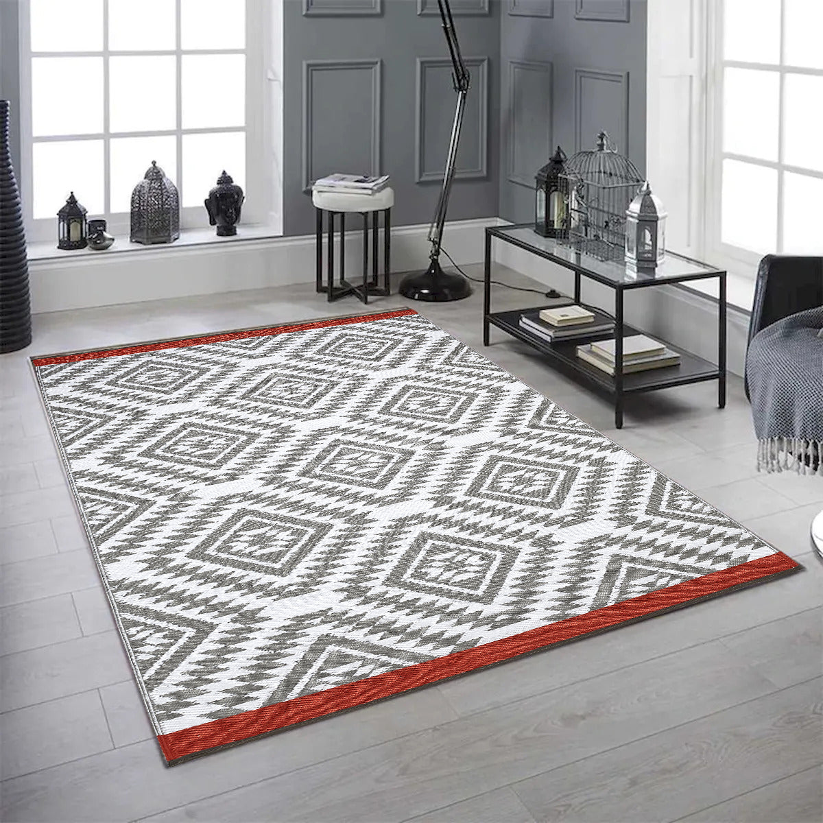 Fiesta Reversible Outdoor Plastic In Gray And White With Red Trim Rug