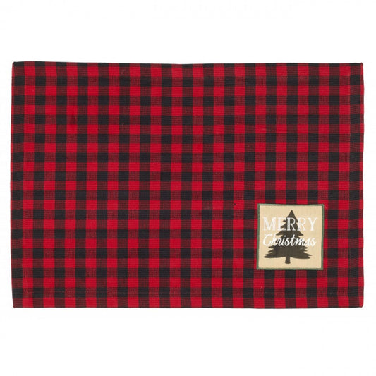 Red And Black Buffalo Check With Tree/Merry Christmas Label Fused Placemat