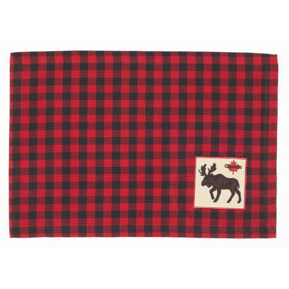 Red And Black Buffalo Check With Moose And Maple Leaf Label Fused Placemat