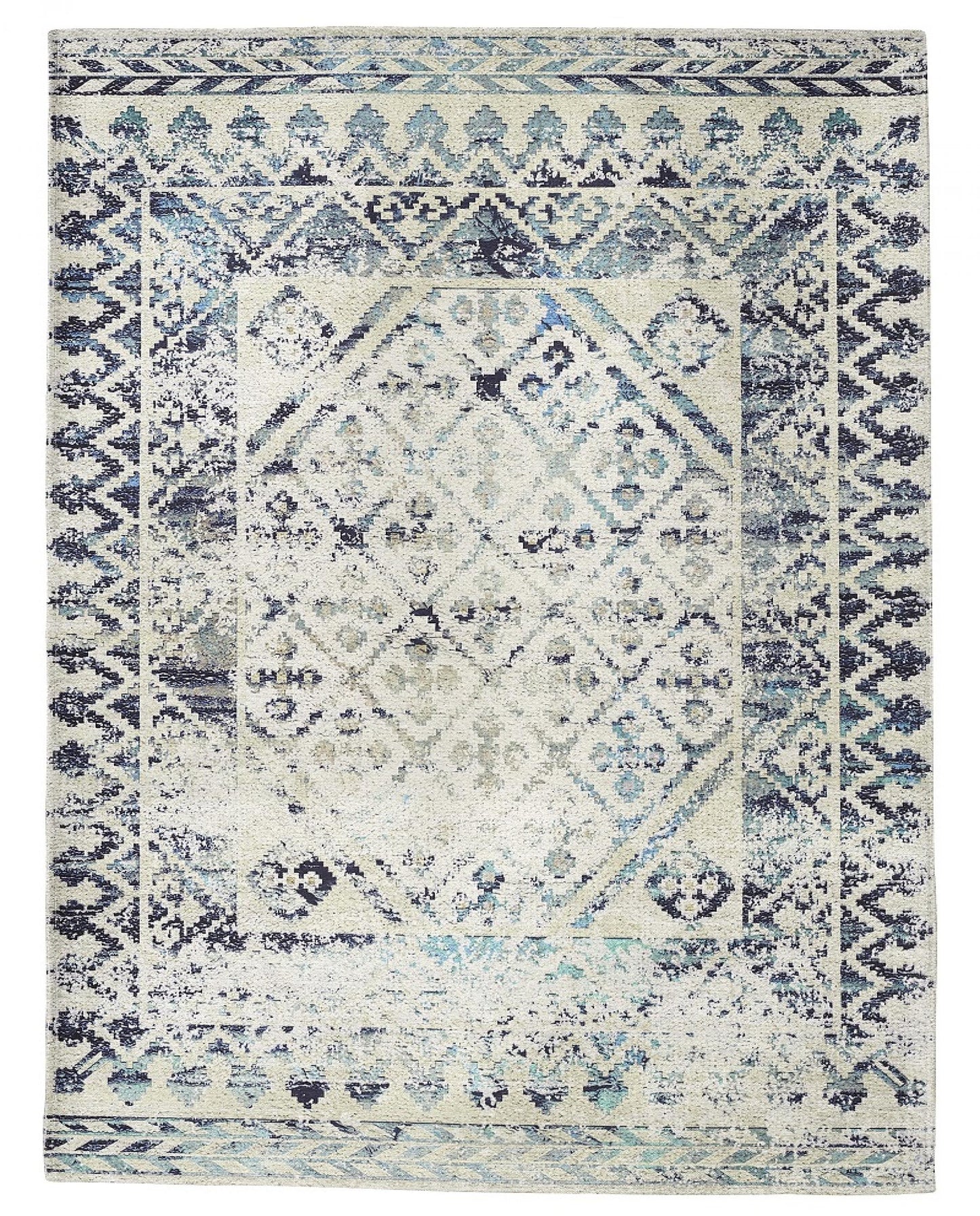 Sparx Medallion Blue Distressed Washable Modern Rug