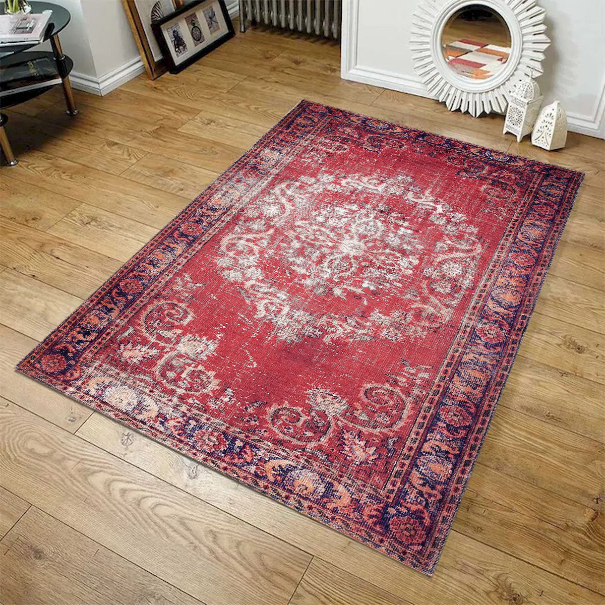 Sparx I Medallion Distressed Red Washable Modern Rug