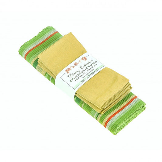 4 + 4 Green Stripes And Solid Yellows Placemats And Napkins