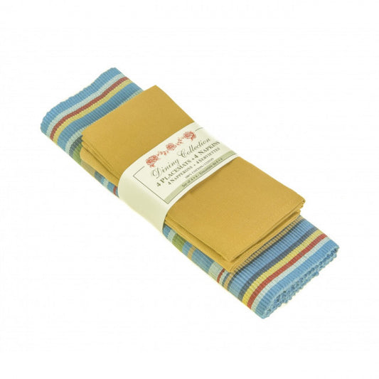 4 + 4 Blue Stripes And Solid Yellows Placemats And Napkins