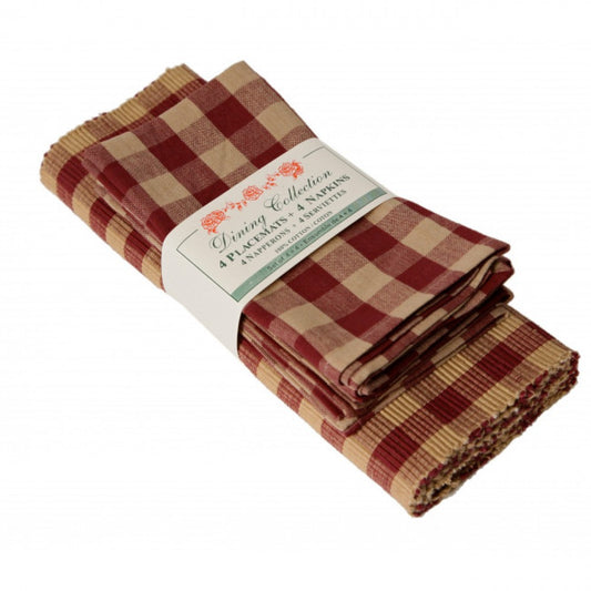 4 + 4 Burgundy Check Pattern Placemats And Napkins