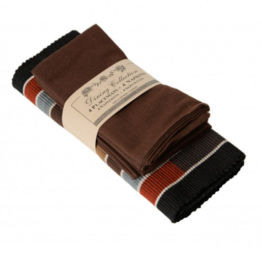 4 + 4 Cafe Stripes And Solid Browns Placemats And Napkins