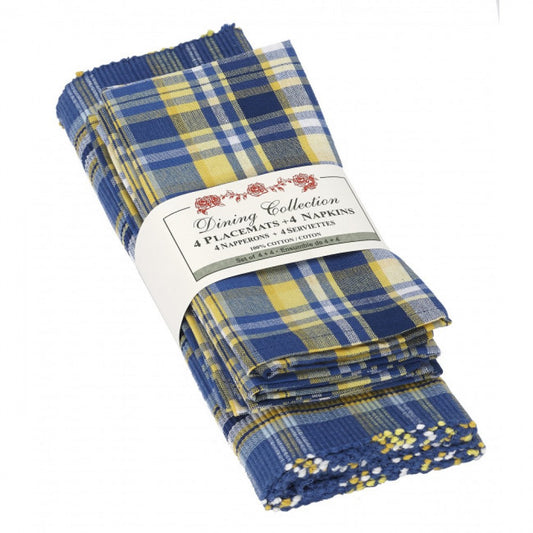 4 + 4 Bluestone Check Pattern Placemats And Napkins