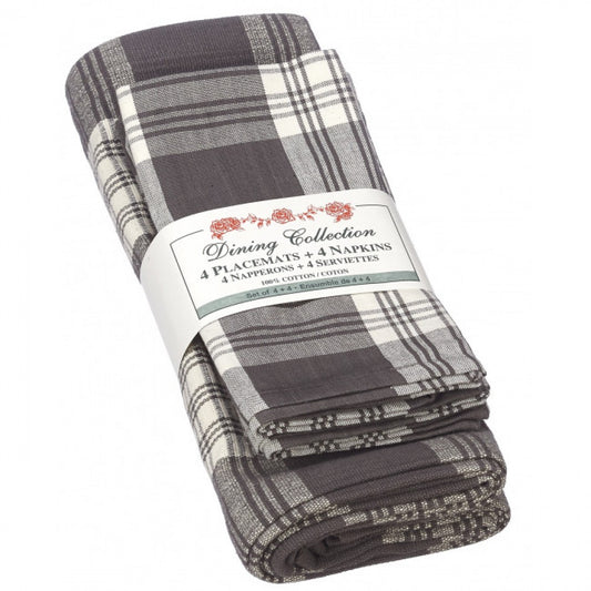 4 + 4 Stone Gray Plaid Check Pattern Placemats And Napkins