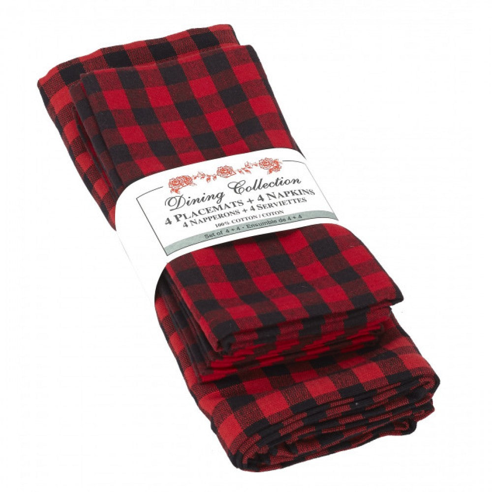 4 + 4 Red And Black Buffalo Check Pattern Placemats And Napkins