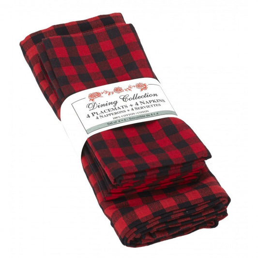 4 + 4 Red And Black Buffalo Check Pattern Placemats And Napkins