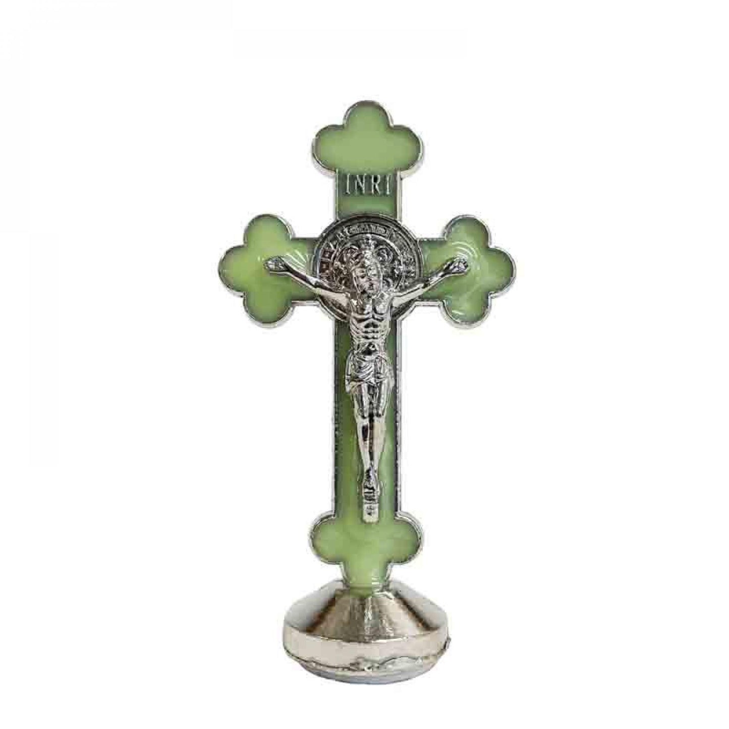 Silver And Fluorescent Green Crucifix With Stand Figurine