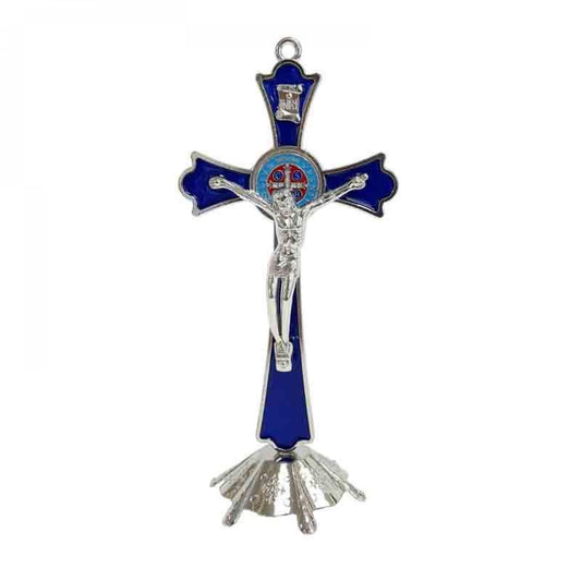 Blue And Silver Finish Crucifix With Stand Figurine