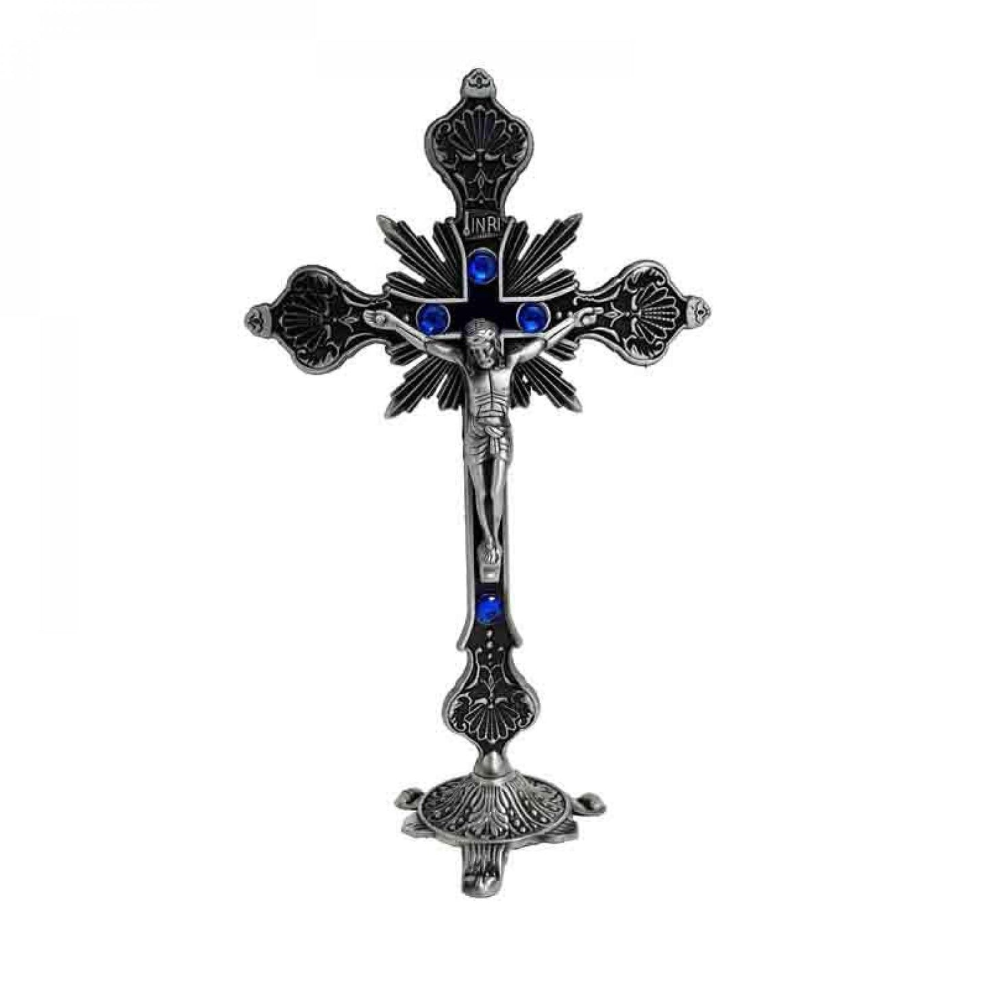 Blue And Antique Silver Finish Crucifix With Stand Figurine