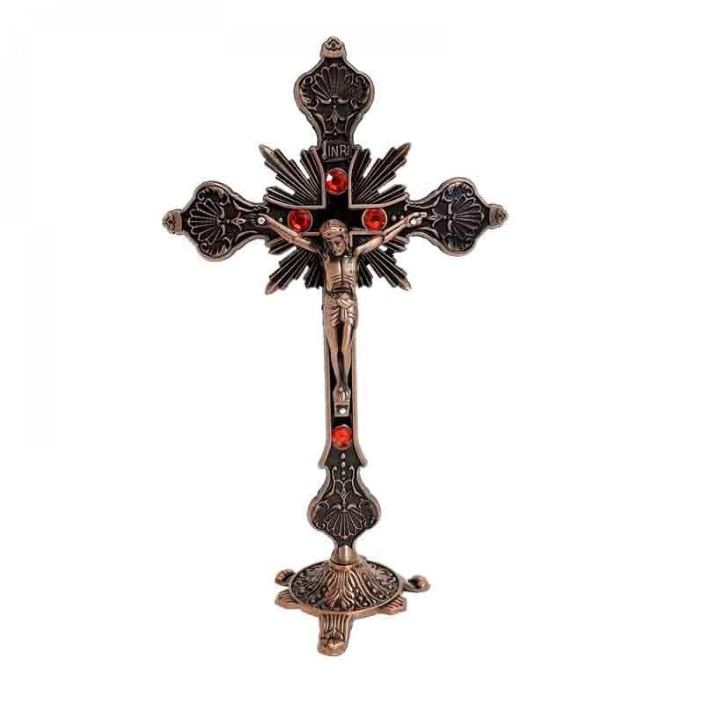 Antique Copper Finish With Red Accents Crucifix With Stand Figurine