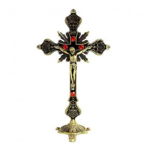 Antique Gold Finish With Red Accents Crucifix With Stand Figurine