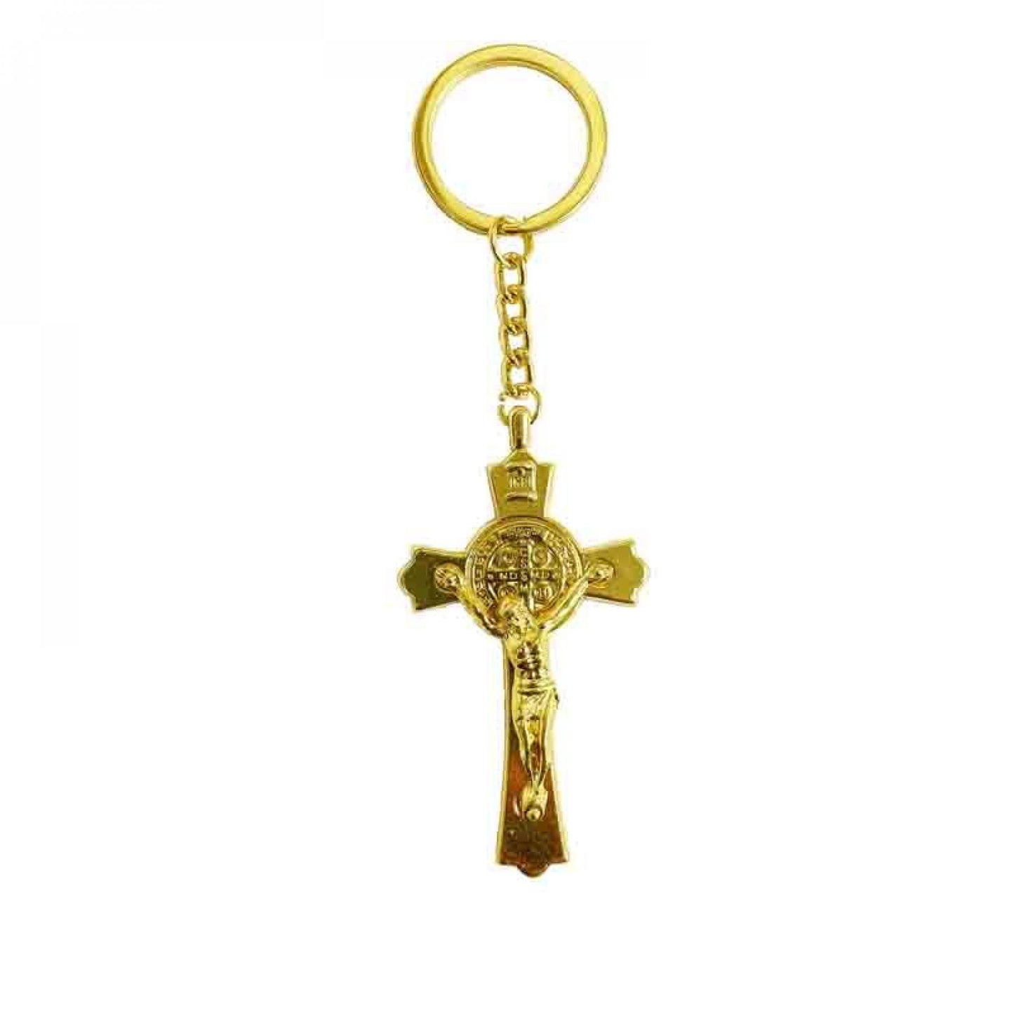 Gold Color Finish Saint Benedict On A Cross Key Chain