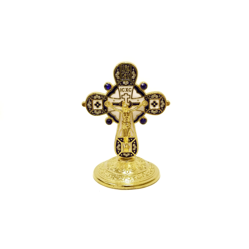 Gold,White And Blue Crucifix With Stand Figurine