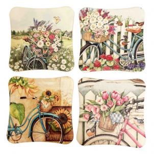 Set Of 4 Bicycles And Flowers Print Coasters