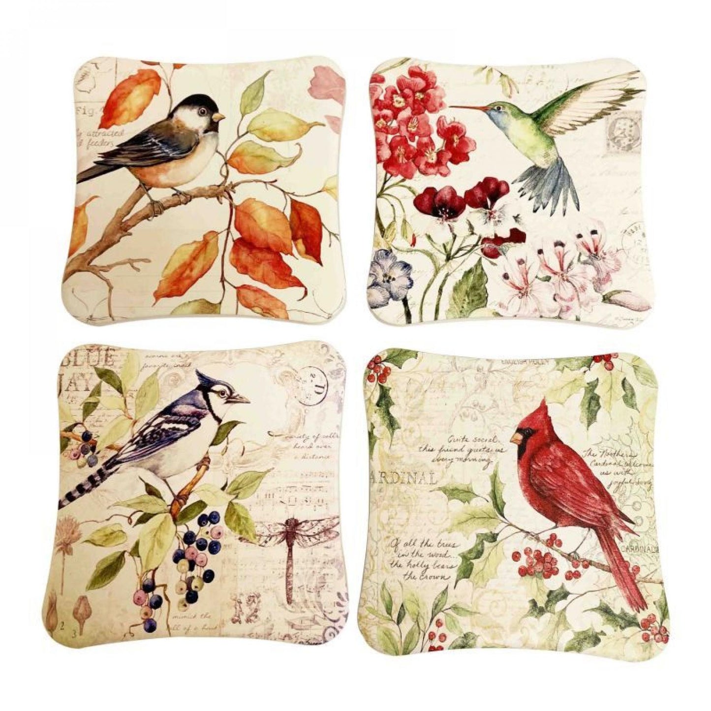 Set Of 4 Assorted Single Birds On Branches Coasters