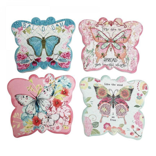 Set Of 4 Colorful Butterflies On Butterfly Shaped Coasters