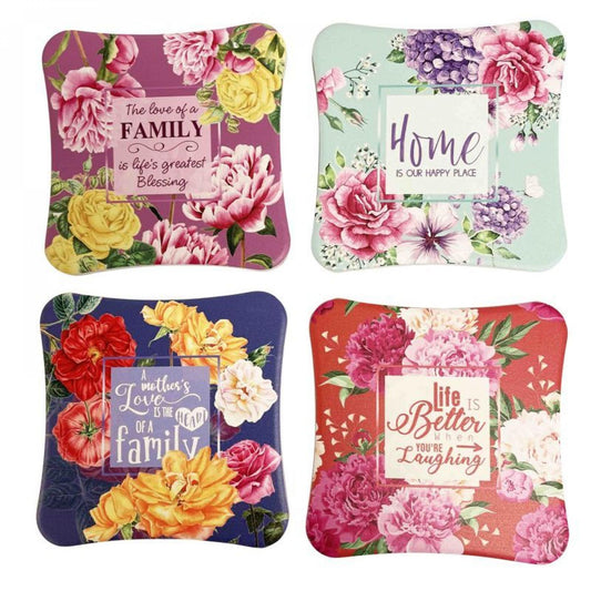 Set Of 4 Floral Patterns With Family And Home Thoughts Coasters